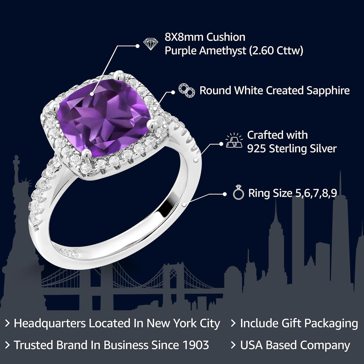 2-3 Cttw Gemstone Birthstone and White Moissanite Halo Solitaire Engagement Ring for Women | 925 Sterling Silver | Cushion Cut 8MM | Wedding Anniversary Promise | Size 5-9